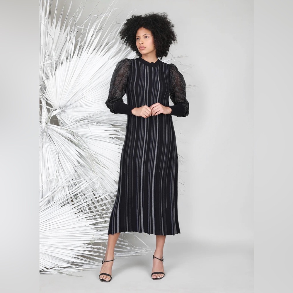 NWT Anthropologie “Conditions Apply” Black Ribbed Dress with Sheer Sleeves